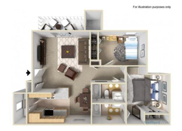 Floor plan for 2 beds, 2 baths, 922 sqft